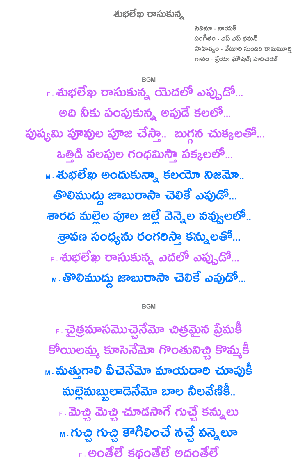 Subhalekha Rasukunna Lyrics